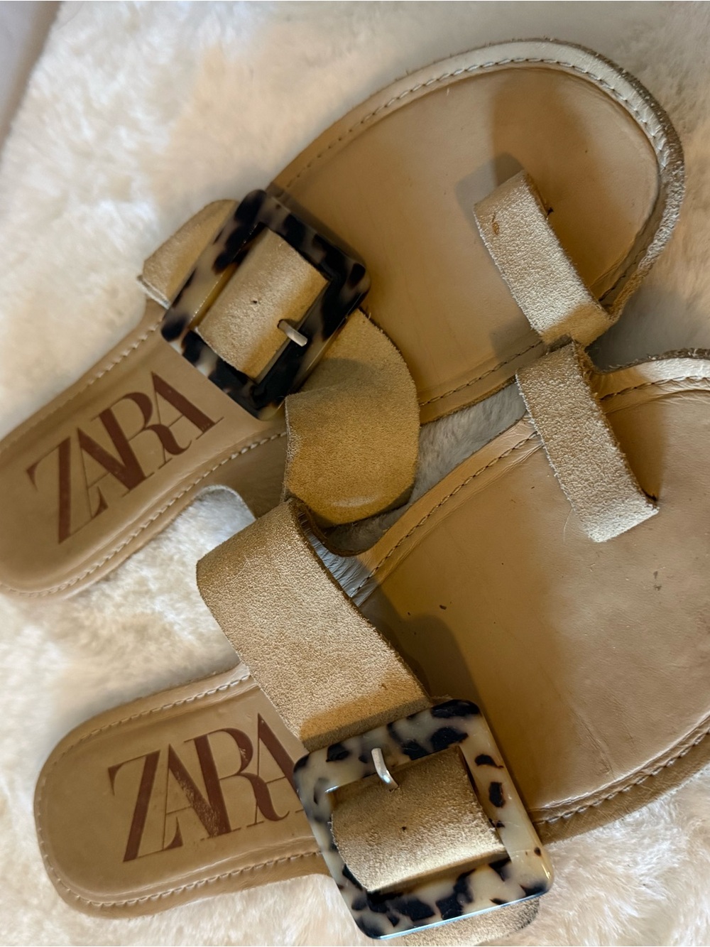 ZARA Light Beige Suede Slide Sandals with Suede Strap
